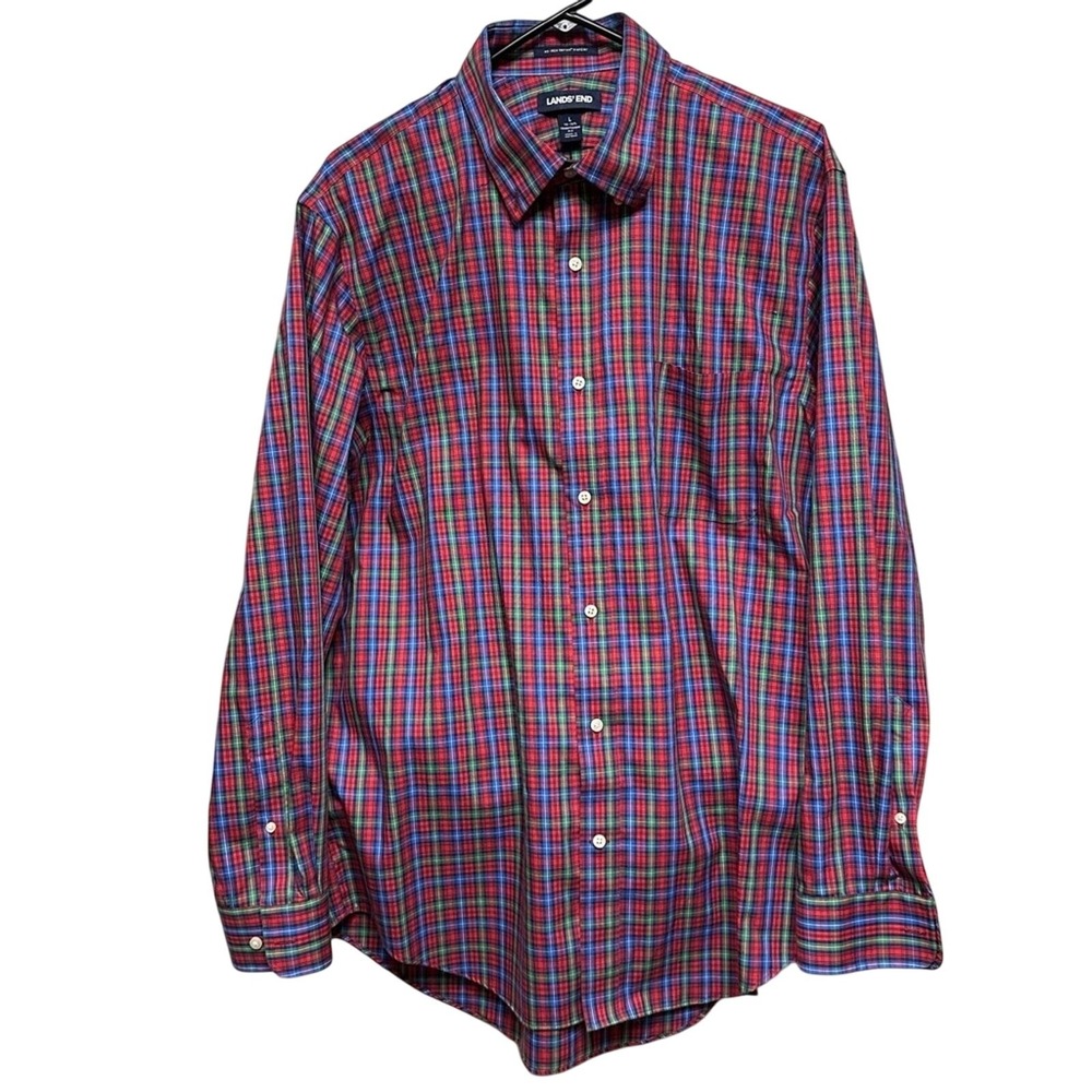 Lands' End Button Down Shirt Mens L Red Blue Plaid Supima No Iron Pinpoint